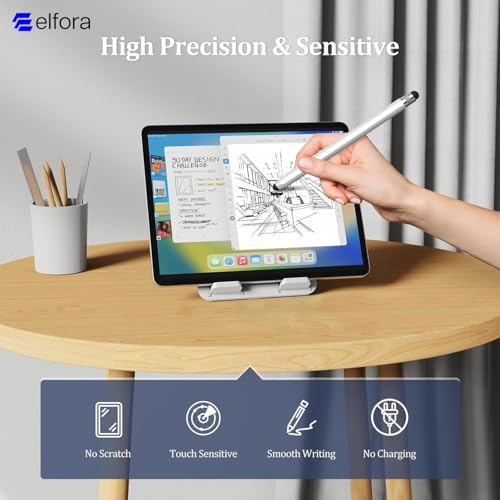 Image of Elfora 2 in 1 Tablet Stylus Pen for All Touchscreen Devices | Rubber Tip Capacitive Stylus with Magnetic Design | Compatible with iOS, Windows Tablets & Android Smartphone Phones - White