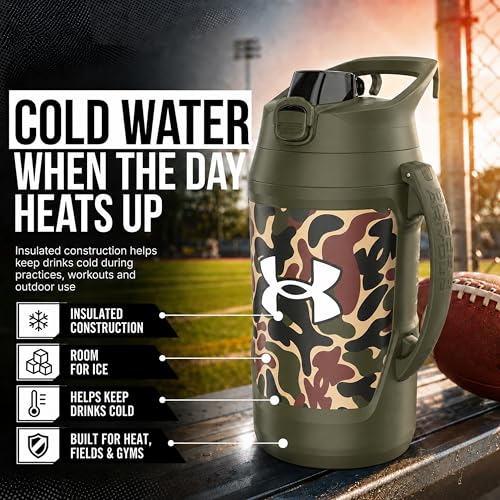 Image of Under Armour Insulated Water Bottle with Handle & Fence Hook, Half Gallon Sports Water Jug, Leak-Resistant & BPA-Free for Baseball, Football & Gym - Green Hyper Camo, 64oz