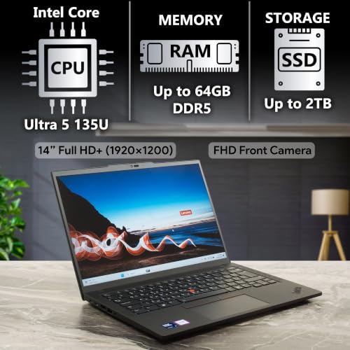 Image of Lenovo ThinkPad T14 Gen 5 Business Laptop 14 inch FHD+ Touchscreen IPS Display, Intel Ultra 5 135U, 64GB DDR5 RAM, 1TB SSD, 5MP FHD Webcam, Backlit KB, Wi-Fi 6E, 2 Thunderbolt 4, AI PC