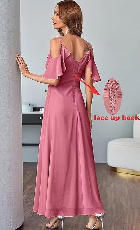 Women's Cold Shoulder Chiffon Bridesmaid Dresses Long with Slit Ruffles Formal Prom Dresses with Pockets HO0502