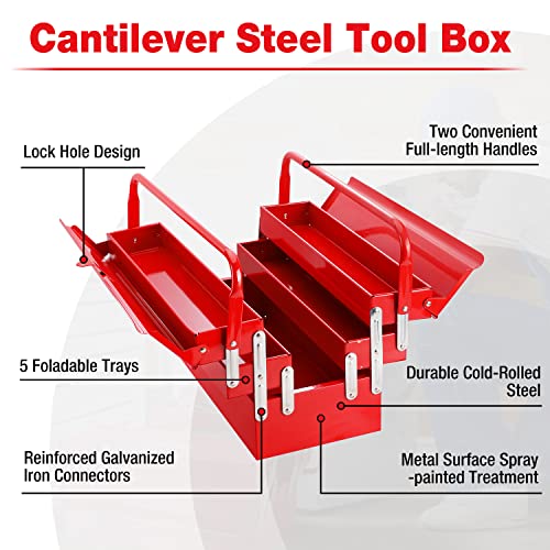 Image of WORKPRO Metal Tool Box, 18-inch Cantilever Folding Red Storage Box, 3-Layer 5-Tray Multi-Function Tool Organizer, Red