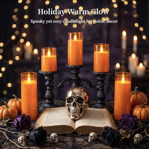 Image of Homemory Orange Flameless Candles Realistic Flickering with Remote for Fall | Halloween Candles Battery Operated with Timer, LED Fake Electric Pillar Candles for Home, Holiday Decor, Set of 5