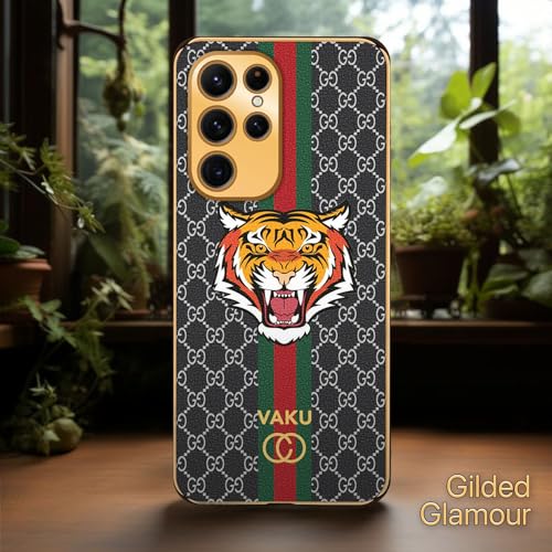 Image of Vaku Luxos Lynx Design Back Cover for Samsung Galaxy S23 Ultra with Leather Pattern Gold Electroplated Soft TPU Cover Shockproof Protective Case - Black