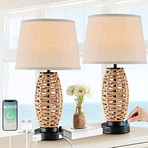 Lediary Coastal Rattan Table Lamp With Ac Outlet And 2 Usb Ports, 0-100% Dimmable Wicker Lamps For Bedrooms Set Of 2, Farmhouse Boho Lamps For Beachy Living Room, 2200K Bulbs Included #TOP4