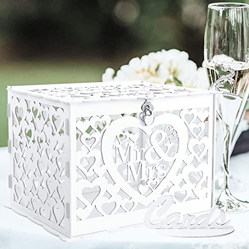 Image of Ywlake Wedding Money Box Holder with Sign, Large Rustic Wood Wooden DIY Envelope Gift Post Card Boxes with Lock Slot for Reception Anniversary Graduation Birthday Party Parties (Mr & Mrs, White)
