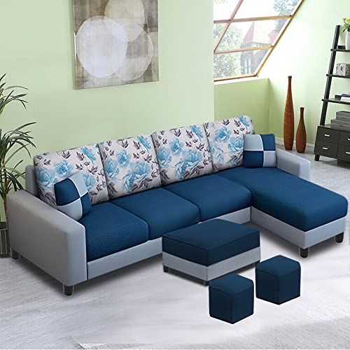 Image of Orland 6 Seater RHS Sofa with Center Table & 2 Puffy | Color - Blue Grey