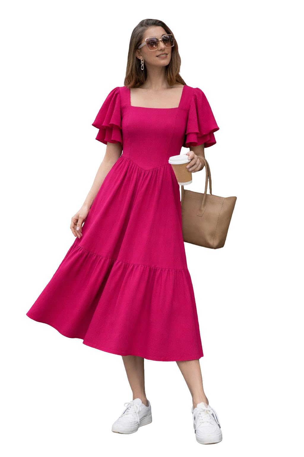 sheetal associates Women’s Solid A-Line Midi Dress with Square Neck & Layered Ruffle Sleeves | Elegant Casual Wear-picture-12