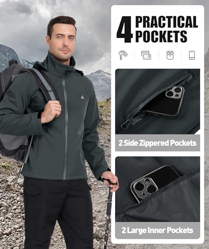 SwissWell Chaqueta Hombre Softshell de Senderismo Hombre Exteriores Multifuncional Cortaviento Impermeables Invierno Chaquetas Cálida con Capucha con Bolsillos para Marcha Acampada Gris 3XL - imagen 5