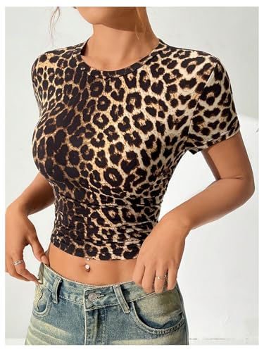 SOLY HUX Women's Leopard Print Crop T-Shirt Short Sleeve Tight Fitted Y2k Tee Tops4