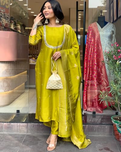 Image of GoSriKi Women's Silk Blend Straight Embroidered Kurta with Pant & Dupatta