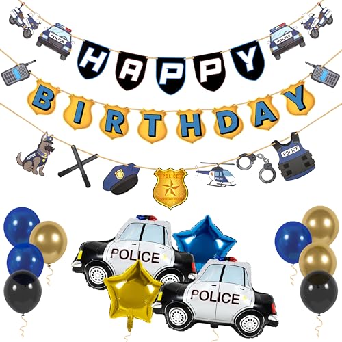 Pirese Police Birthday Party Decorations Police Party Decorations Kit with Pre-Strung Happy Birthday Banner Police Car Balloons Star & Latex Balloons Cops Party Supplies for Kids