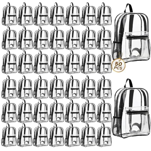 50 Pack Clear Backpack Bulk with Pockets 15 Inch Transparent PVC Backpack Wholesale for College Travel Sport Work Stadium Approved Heavy Duty See Through Bags for Men Women Waterproof Black