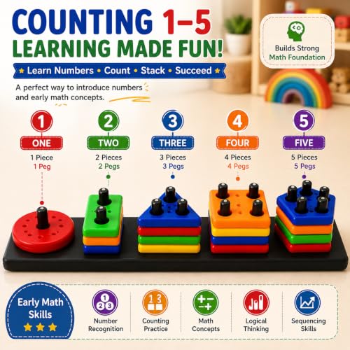 Image of PLUSPOINT Shape Stacking Board Toy, 26-Piece Montessori Shape Sorting Puzzle, Educational Learning Toy for Kids, Color & Shape Recognition, Counting, Fine Motor Skills, Hand-Eye Coordination