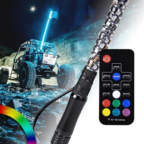 True Mods 3ft Spiral RGB LED Whip Light for UTV ATV [RF Wireless Remote] USA Flag Waterproof LED Lighted Whip CB Antenna Pole Stick for RZR Can-Am Polaris SxS 4x4 Quad Dune Buggy 4 Wheeler Accessories