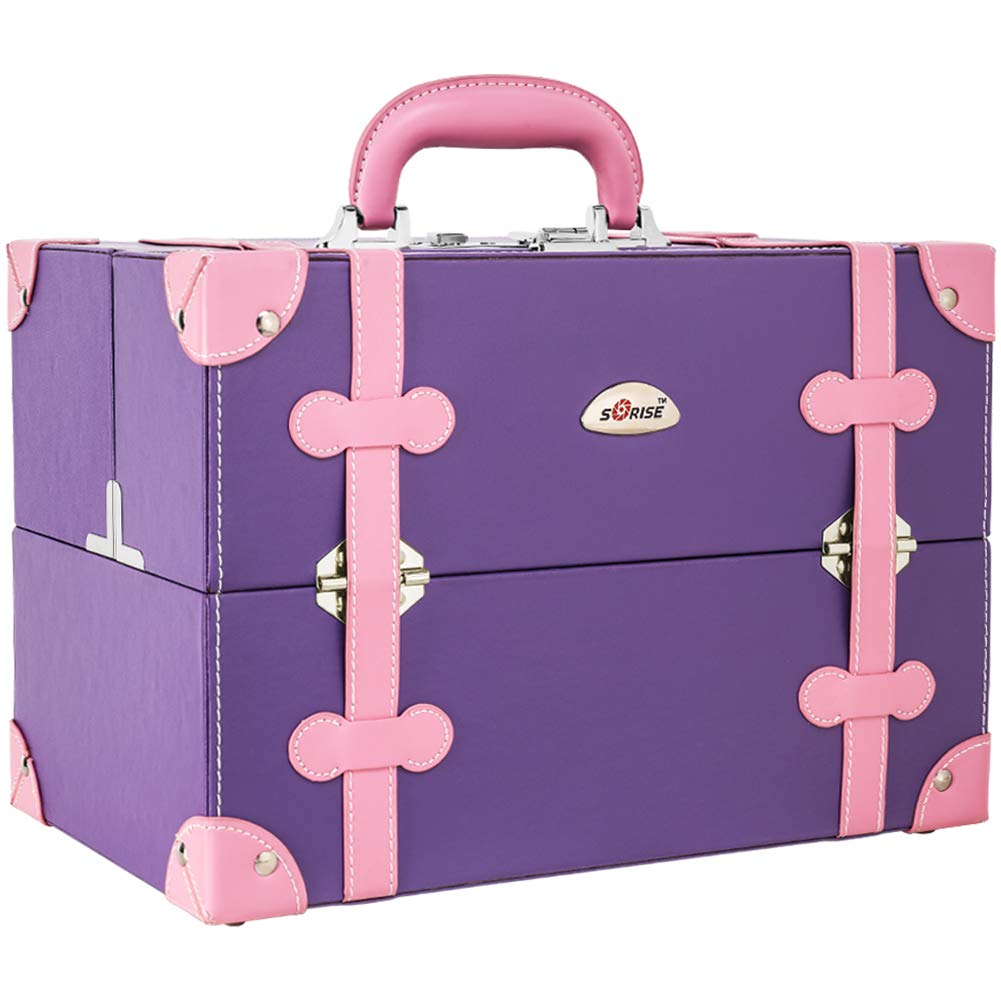 SORISE Makeup Train Case Professional Portable Cosmetic Organizers Storage Case Box With 4 Trays, Purple