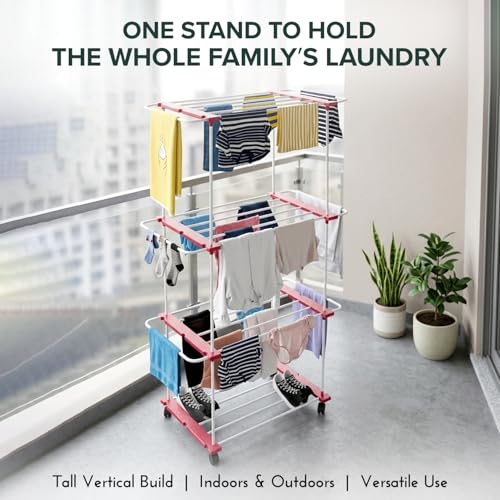 Image of TNT THE NEXT TREND Trixy 3 Layer Carbon Steel Indoor & Outdoor Cloth Dryer Stand | Heavy Duty Clothes Drying Rack with U-Bars, Wheels, 50.1 ft Drying Space, (L96 x B45.3 x H174 cm), Cherry