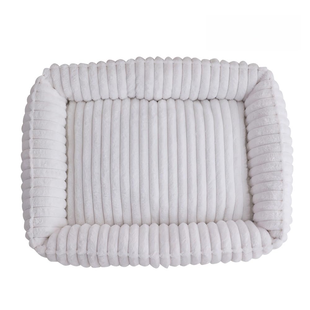 Odot Striped Plush Dog Bed Rectangular Pet Bed for Dogs Cats, Soft Comfort Fluffy Plush Pet Cushion Small Medium for Indoor Calming Puppy Kitten Washable with Anti-Slip Bottom (White,XS 40x30cm)