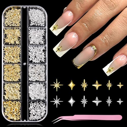 Furtherpretty 12pcs Gold/Silver 3D Star Nail Charms, Flat-Back Nail Art Accessories with Tweezers