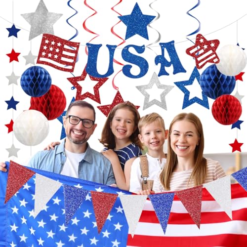Image of 4th of July Decorations,Red White Blue Party Decorationsr,Red White Blue Honeycomb Ball,Star Hanging Swirl,star Garland for Memorial Veterans Labor Presidents Flag Day Home Parties Accessories