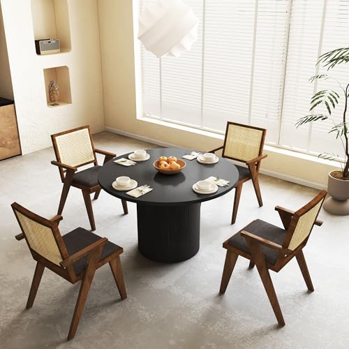 Image of QHITTY Fluted Round Dining Table, 47-inch Wood Kitchen Table for 4, Farmhouse Circle Tabl with Strip Base for Kitchen, Living Room, Black
