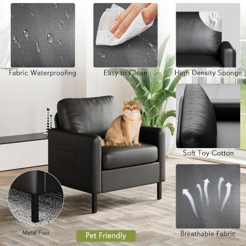 Image of STHOUYN Black Faux Leather Accent Chairs with Arms, Living Room, Modern