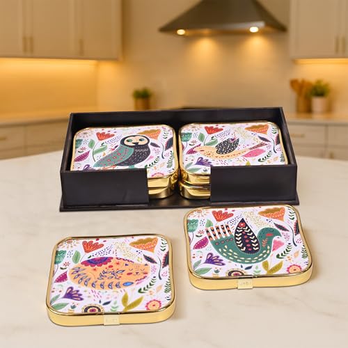 Image of Rousrie Stylist Modern Wooden Coasters with Golden Border | Set of 6 | Stand Included Premium Handmade Coaster for Tea Cups, Coffee Mugs, Beer Mugs, 10 by 10 cm (Pichwai Pattern)