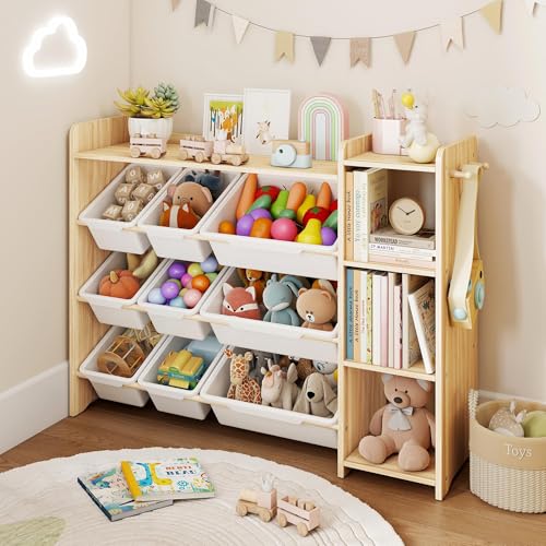 Toy Storage Organizer with Bookcase 6 Shelves/9 Bins/3 Hooks Kids Bin Shelf Toys Box for Playroom Organization for Bedroom Nursery & Toddler Room