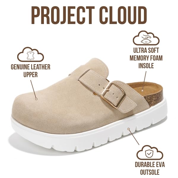 Project Cloud Genuine Leather Platform Clogs for Women Footwear - Memory Foam Arch Support Cork Footbed Casual Shoes & Mules for Women 2025 (Benton Chunky)