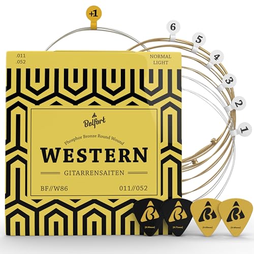 BELFORT® Gitarrensaiten für Westerngitarre - Premium Phosphor-Bronze (6 Saiten-Set) für Western-Gitarre & Akustikgitarre BONUS 4 Plektren + Extra hohe acoustic E-Saite (Gitarrensaiten Akustikgitarre)
