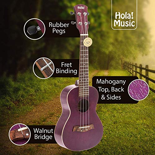Concert Ukulele Bundle, Deluxe Series by Hola! Music (Model HM-124PP+), Bundle Includes: 24 Inch Mahogany Ukulele with Aquila Nylgut Strings Installed, Padded Gig Bag, Strap and Picks - Purple