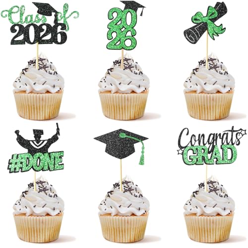 Pre Assemble Class of 2026 Graduation Cupcake Topper, 24Pcs Green