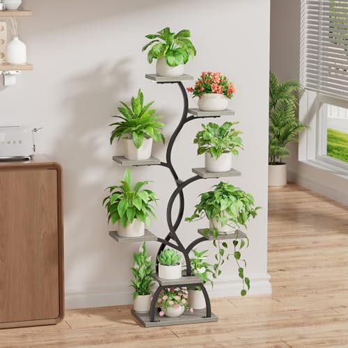 Image of Plant Stand Indoor with Grow Light - 8 Tiered Corner Plant Shelf Indoor | 49 inch Plant Holder with Lights for Indoor Growing, Tall Lighted Flower Stand for Living Room, Balcony, Gray