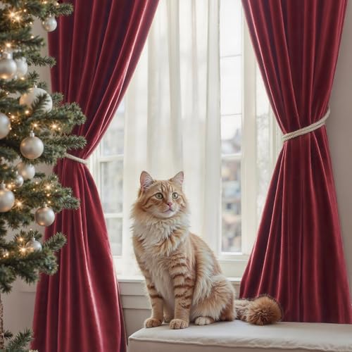 Image of Dark Red Velvet Curtains 96 Inches Long 2 Panels for Living Room Darkening Thermal Soundproof Thick Heavy Solid Textured Drapes for Master Bedroom Patio Door Doorway Room Dividers Decoration Burgundy