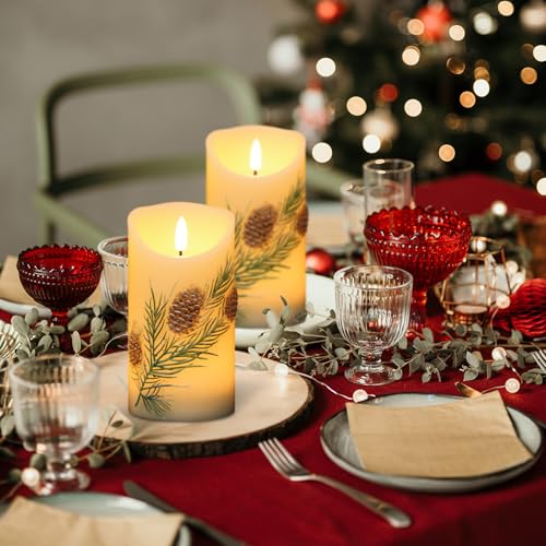 Image of Eldnacele Christmas Flameless Candles with 6 Hour Timer, Battery Operated Hand Painted Pine Cone Real Wax 3D Wick Flickering LED Pillar Candles for Dinner Indoor Holiday Xmas Decor(2Pcs, D3xH5.7)