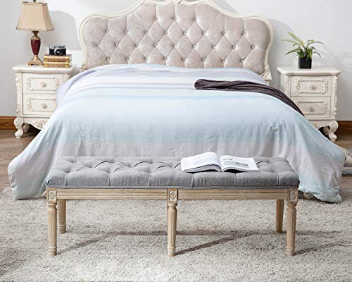 Kmax Upholstered Entryway Bench, Rustic Ottoman Bench With Carved Pattern & Rustic White Brushed Rubber Wood Legs, Gray #TOP2
