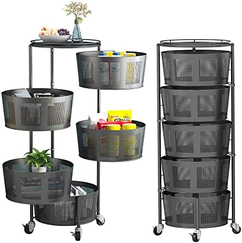 Rotating Storage Rack Metal Multi-Layer Stackable Storage Basket Cart Floor-Standing Layered Shelf Fruit Vegetable Snack Storage Bin with Wheels for Kitchen, Bedroom, Bathroom (Black, 5-Tier)