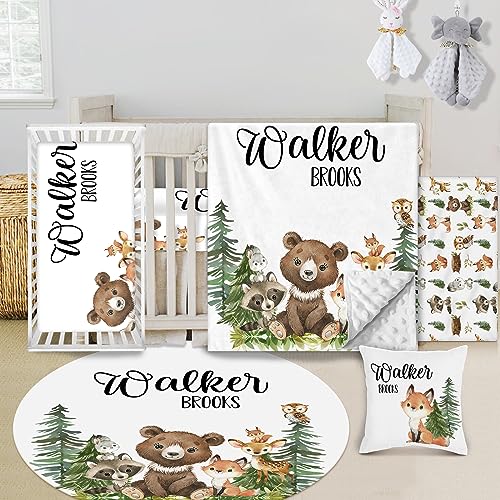 Custom Baby Crib Bedding Set - 5 Piece Nursery Crib Set Woodland Animals Design - Personalized Name Blanket with Dotted Backing, Crib Sheet, Changing Pad Cover, Pillow Cover, Rug for Newborns Color01