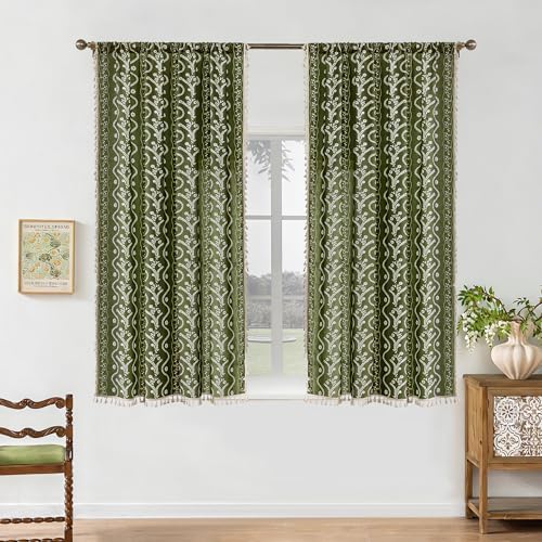 Image of Olive Green Floral Curtains 54 Inch Long for Living Room, Bedroom, 2 Panels Boho Farmhouse Vintage Tassel Semi Sheer Privacy Window Curtains Drapes with Rod Pocket
