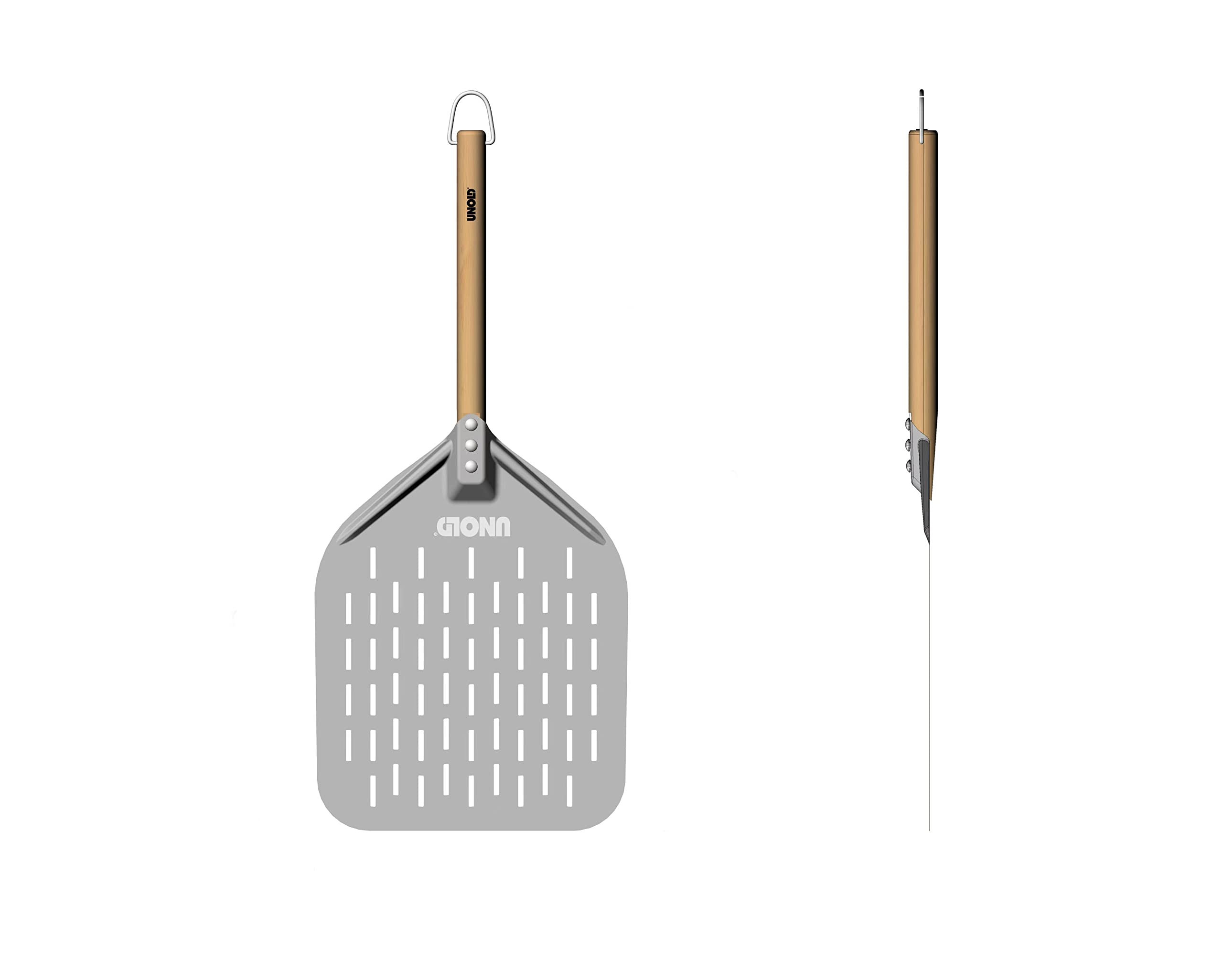 Unold Pizza Peel and Bread Baking Paddle 6881620 - Anodised Aluminium - 35cm Beech Wood Handle - Perforated/Slotted - 40x30cm (16"x12") - Image 2