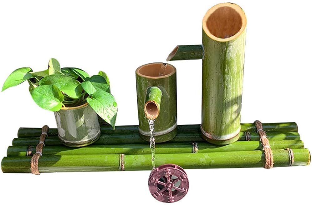 Bamboo Fountain Water Feature Bamboo Fountain Decor Water Spout with Pump Feng Shui Wheel Sculptures Statues Arts Crafts Artwork for Garden Decoration Waterfall Outdoor Japanese Feature,25cm