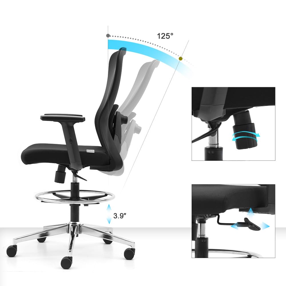 hjh OFFICE Top Work 44 - Silla de Trabajo ergonómica de Malla, Altura Ajustable, reposabrazos y reposapiés, Color Negro