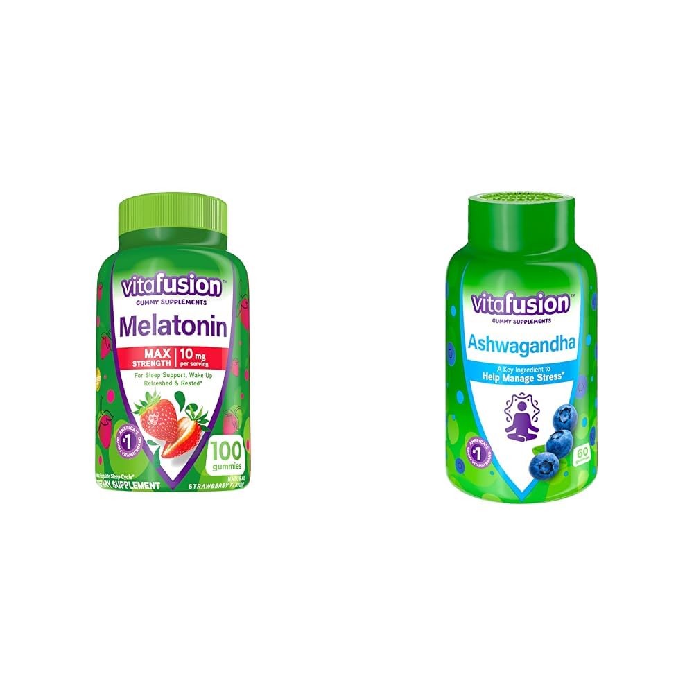 VitafusionMax Strength Melatonin Gummy Supplements, 100 Count Ashwagandha Gummies, 60 Count