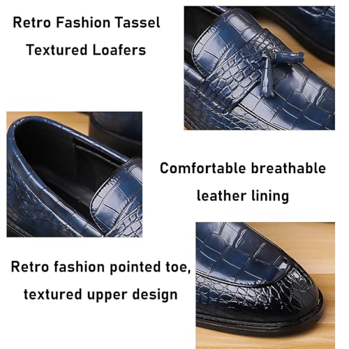 Men's Leather Textured Chunky Heel Loafers Retro Pointed Tassels Non-Slip Slip-On Business Work Wedding Formal Shoes3