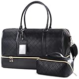 Oflamn Weekender Bags for Women Black Leather Overnight Duffle Bag with Shoe Compartment Large Capacity Make Up Bag Perfect for Travel