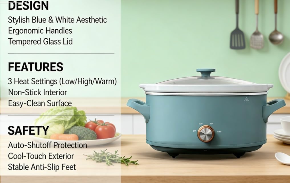 The 7-quart manual slow cooker is easy to use, perfect for family meals, has a large capacity, and a simple and attractive design.