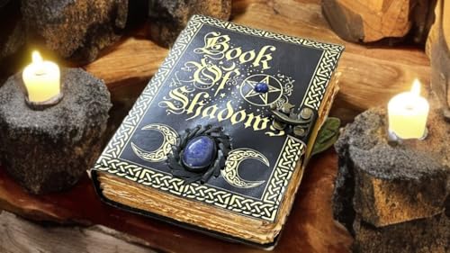 Image of Blank Spell Book of Shadows with Celtic Lapis Stone - Vintage Leather Journal with Lock, Grimoire Junk Journal, Leather Sketchbook Notebook, 200 Deckle Pages - Witchcraft Gift for Him & Her