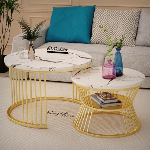 Image of RIZIK Store Iron Frame Handmade 20.5 inch x 20.5 inch Round Coffee Table /Nesting Table /Side Table /Center Table with Engineered Wood Top for Living Room /Drawing Room /Balcony (White Gold)