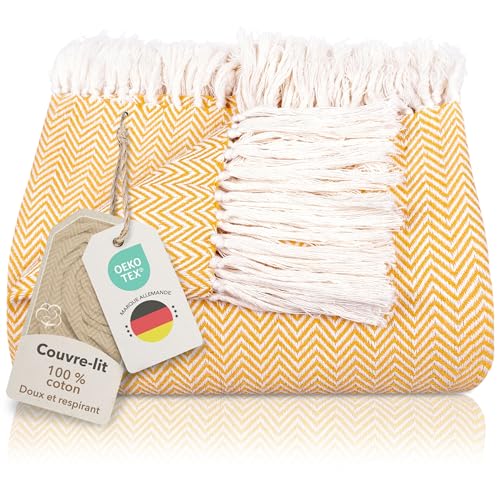 Gräfenstayn Premium Couvre-lit avec Franges - 100% Coton - 180 x 240 cm, Couverture d'été à Chevrons en Coton pour Le lit et Le canapé, Couvre-canapé &...