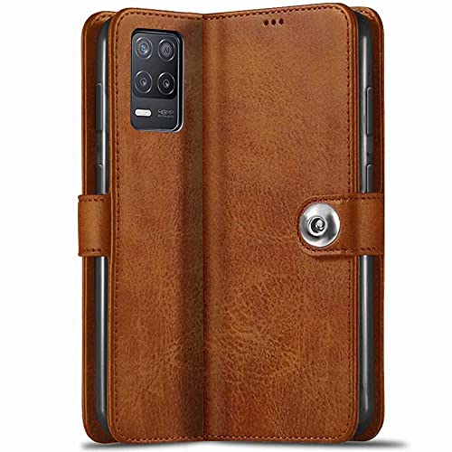 Image of Fastship Genuine Matte Leather Finish Flip Cover Compatible Model for Realme RMX3241 / Realme8 5G | Inside Back TPU & Inbuilt Stand | Wallet Stylish Button Magnetic Closure for Realme 8 5G - Brown
