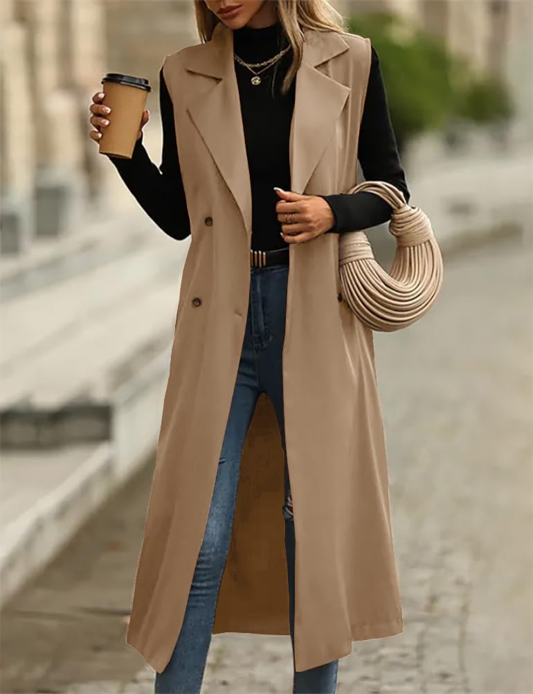 IDEALSANXUN Womens Long Vest Casual Double Breasted Sleeveless Trench Coat Jackets - Image 5